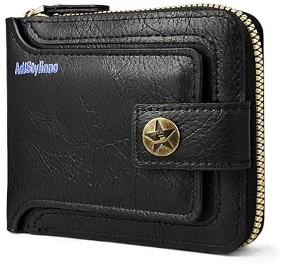 AdiStylinno Geldbörse Herren,Vintage PU-Leder Multi-Card Slim Wallet mit 8 Kartenfächern und Münztasche Große Kapazität Knopf Kreditkartenetui Geldbeutel mit Reißverschluss (Schwarz)