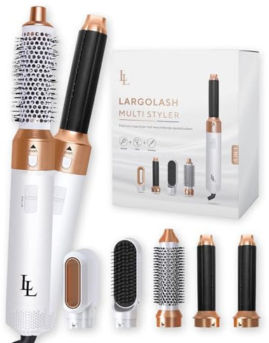 Largolash 5 in 1 Warmluftbürste Set, Schnelltrocknend Föhnbürste, Warmluft Lockenbürste, 3 Temperatur, Auto-Wrap-Lockenaufsatz, Negativ Lonen, 1000 Watt, Keine Hitzeschäden (Weiß)