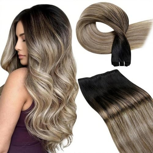 LaaVoo Extension Capelli Veri Tessitura Nero Naturale a Marrone Chiaro con Biondo Scuro Balayage, Matassa Morbida Remy, Setosi, per Sposa e Matrimonio 35cm 80g #1b-8-22