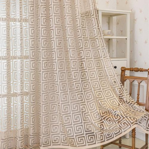 Amidoudou 1 Paar Geometrische Vorhänge Gold Gardinen Für Wohnzimmer Jacquard Tüll Vorhänge (Gold,245x140cm)
