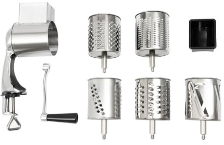 Trommelreibe Edelstahl Gemüsehobel mit 5 Trommelblättern Gemüseschneider Manuell für Gurken, Karotten, Kartoffeln usw, Schnelleres und Einfaches Schneiden