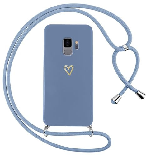 Oelrstfe Coque pour Samsung Galaxy S9 avec Cordon de Collier Étui Housse Souple Silicone avec Motif Coeur et Portable Lanyard Réglable Antichoc Anti-Chute Bandoulière Lanière Case,Bleu