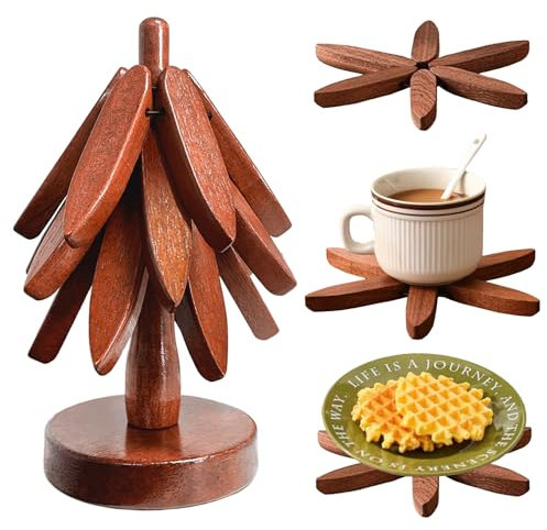 Holzuntersetzer für Heiße Gerichte Baumform Untersetzer Set 3 Baumförmige Holzuntersetzer + 1 Ständer Weihnachtsbaum-Förmige Hitzebeständige Pads für Teller, Schüssel, Töpfe, Pfannen