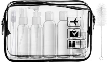 MORICOH Clear Toiletry Bag, 14PC Travel Bottles Set for Toiletries and 1 Flight Airport Security Liquid Bag, 100ml Travel Bottles - Compliant EU & UK Hand Luggage Regulation