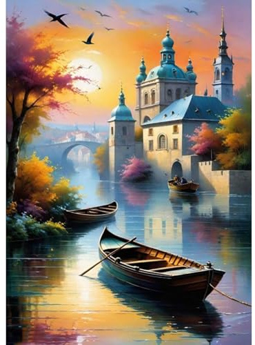 Jawecci Sonnenuntergang Diamond Painting Erwachsene, 5D Diamant Painting Bilder Erwachsene Meer, DIY Runde Boot Diamant Kunst Set Diamant Malerei Kinder für Home Dekor 30x40cm