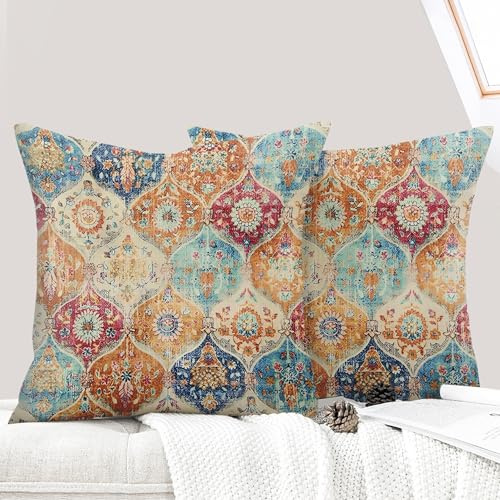 ECZOIL 2er Set Boho Kissenbezüge 60x60 cm,Böhmische Blumen Dekorative Kissenhülle Flachs 24x24 Inch Doppelseitiger Druck Dekorative Kissenbezug für Wohnzimmer Sofa Schlafzimmer-Cremefarben