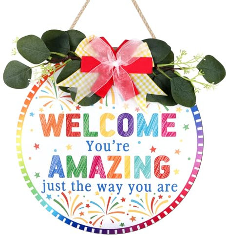 IARTTOP Welcome Wreath for Classroom Decorations(29x29cm) Watercolor Rainbow Wall Wood Hanging Teacher Welcome Door Sign Inspirational Wall Sign for Classroom School Counselor Office Decor