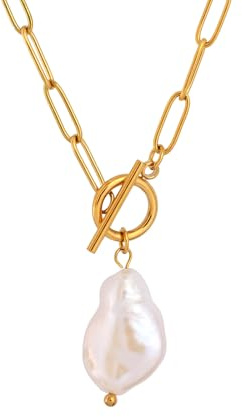 TaYolnFaSo Gold Paperclip Toggle Halskette Anhänger für Frauen Natürliche Edelstein Perle Cubic Zirkonia Paper Clip Kette Halskette Toggle Paperclip Schmuck Geschenk für Frauen
