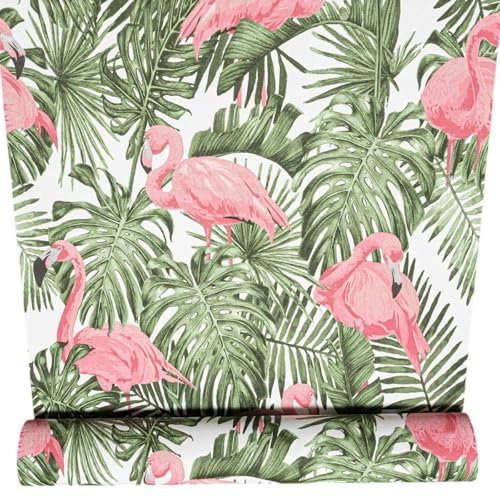 SOPHIE LAURENCE Green Leaf Wallpaper Pink Flamingos Textured Heavy Weight Feature,Smooth Finish Vinyl Wall Panels for Lounge, Bedroom, Study Washable, Strippable, Non-Pasted (Sample)