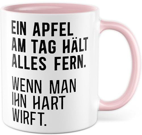 Humor Tasse mit Spruch – Geschenk Ein Apfel am Tag hält alles fern. Wenn man ihn hart wirft. – Kaffeetasse 330ml aus Keramik – Sarkasmus Kollege Kollegin Büro Kaffee-Becher
