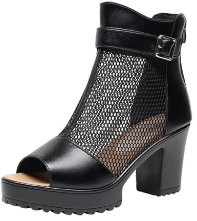 TNMIUH Stivaletti Donna Mesh con Plateau, Peep Toe, Tacco 8cm, Estate Stivali, Elegante Sexy, Nero,Nero,43 EU