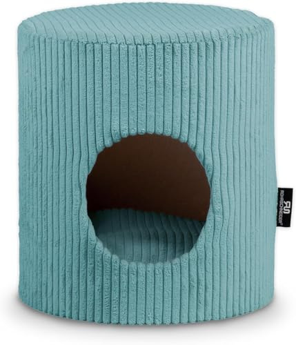 Rohrschneider Tierhöhle Rund für Katzen, beige oder türkis, mit oder ohne Hocker, Cordstoff, Herausnehmbares Kissen (Türkis, Ohne Hocker)