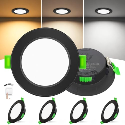 Laiebri LED Einbaustrahler 230V 3-Stufen Dimmbar LED Spots IP44 4er Set | 6W LED Einbauleuchten Ultra Flach 25mm, 55–68mm Lochmaß, Warmweiß Neutralweiß Kaltweiß, Einbauspots für badezimmer, Schwarz