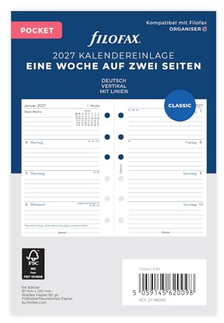 Filofax Kalendereinlage Pocket 1 Woche auf 2 Seiten vertikal deutsch 2027