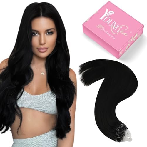 YoungSee Micro Ring Hair Extensions Jet Black 18inch Micro Hair Extensions Real Human Hair Black for Girls Cold Fusion Invisible Beads Human Hair Extension 50s 50g