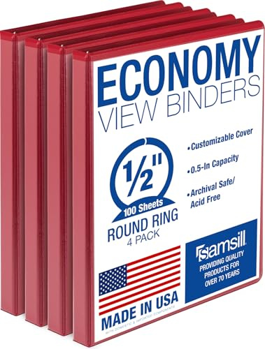 Samsill Economy 0.5 Inch 3 Ring Binder, Made in The USA, Round Ring Binder, Customizable Clear View Cover, Red, 4 Pack (MP48517)