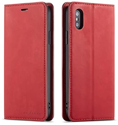 QLTYPRI Hülle für iPhone X iPhone XS, Premium Dünne Ledertasche Handyhülle mit Kartenfach Ständer Flip Schutzhülle Kompatibel mit iPhone X iPhone XS (5,8 Zoll) - Rot