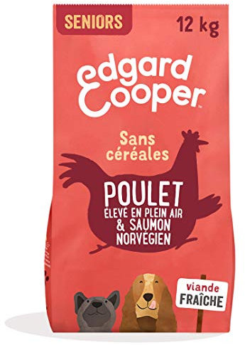 Edgard Cooper Croquettes Chien Senior Sans Céréales, (Poulet & Saumon, 12kg), Viande fraîche et protéiné, Nourriture Naturelle pour Chien Adulte, Hypoallergénique, Sans sucres ajoutés