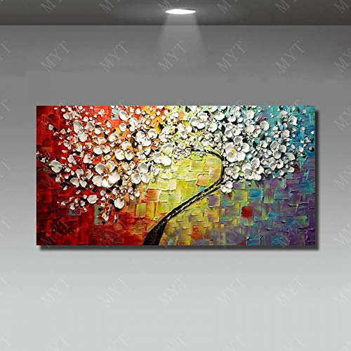 Ölgemälde Auf Leinwand Handgemalt,Abstrakte Landschaft Messer Gemälde, Weiße Blumen Lucky Tree Bunten Hintergrund,Große Professionelle Kunst Wanddekor Für Wohnzimmer Schlafzimmer Hotel Cafe