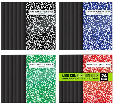 Mini Composition Books, 24 Pack, 4.5 x 3.25 inches, 80 Sheets, Narrow Ruled, by Better Office Products, Marble Covers in Red, Blue, Black, Green, 24 Pack