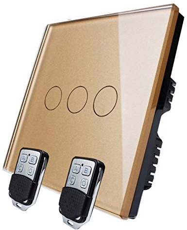 KONOQ Luxury Glass Panel Smart Touch Light Switch - Remote DIMMER (3 Gang / 1 Way, Gold)