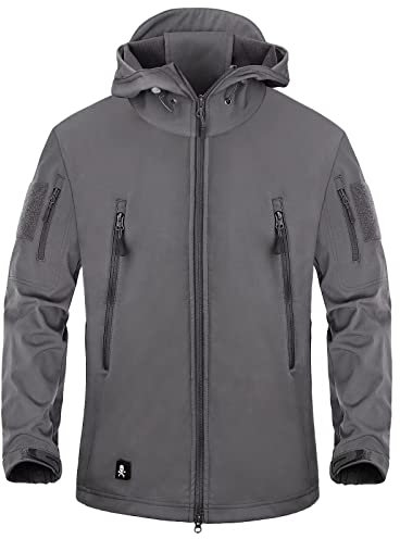 Giacca militare calda in pile a maniche lunghe con cappuccio, mimetica, softshell, impermeabile, da uomo, per campeggio, caccia, pesca, attività all’aria aperta grigio XL