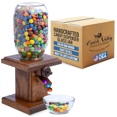 Handcrafted Amish Wooden Candy Dispenser Glass Jar Solid Oak Wood M&M's, Peanuts, Reese's Pieces, Skittles, Jelly Beans, Runts (Sorrel)