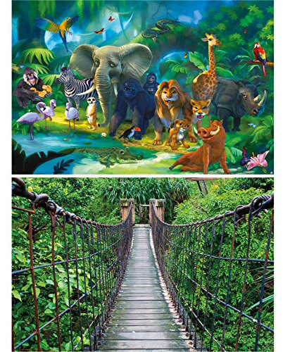 GREAT ART 2er Set XXL Poster – Tiere des Urwalds – Dschungel & Hängebrücke Regenwald Pflanzen Comic Abenteuer Safari Kinderzimmer Zoo Wildnis Dekoration Foto Wanddeko (140 x 100cm)