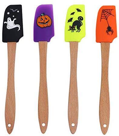 Hemoton 4pcs Halloween Wooden Handle Silicone Scraper Cream Spatula Baking Gadget Baking Supplies Kitchen Utensil for Home Bakery (Ghost + Black Cat + Pumpkin + Spider Pattern)