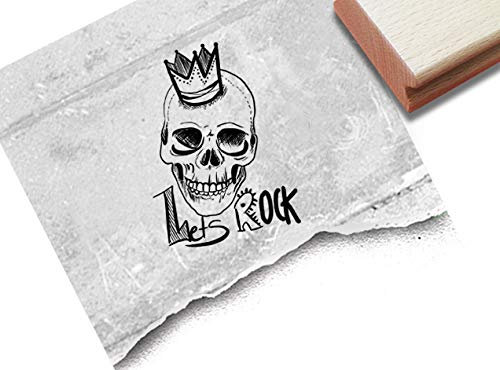 Stempel Let's Rock, Skull with crown, Totenkopf Schädel mit Krone - Motivstempel Halloween Karten Basteln Scrapbook Bullet Journal Deko - zAcheR-fineT (mittel ca. 49 x 68 mm)
