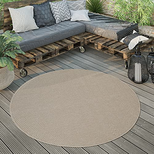 Paco Home In- & Outdoor Teppich wetterfest für Garten, Terrasse & Balkon flachgewebt in Moderner Sisaloptik einfarbig rund pflegeleicht & UV-beständig, Grösse:200 cm Rund, Farbe:Beige