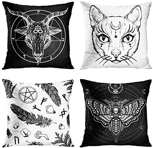 ZHILING Kissenbezug 40x40cm Wohnkultur 4er Set Kissenbezüge Dekorativ für Bett Sofa Kissen Couch Outdoor Steinbock Katze Federmotte Gothic Kissenbezüge 16x16 Zoll (Schwarz und Weiß)