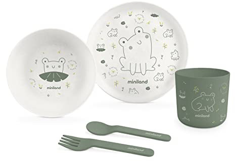 Miniland Naturmeal Frog - Vajilla infantil de material 100% natural compuesta por plato, bowl, vaso y cubiertos.