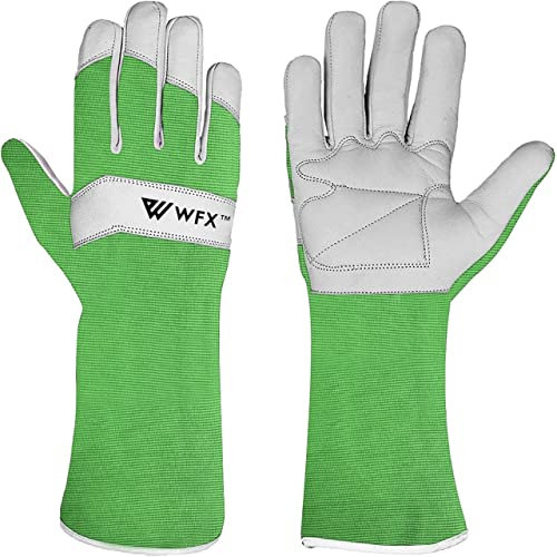 WFX Lange Gartenhandschuhe aus Leder für Damen, Herren, Damen, langlebig, Ziegenleder, Gartenhandschuhe, Unterarmschutz, dornensicher, Gärtnerarbeit, Rosenbeschneide, Geschenk (Grün, M)