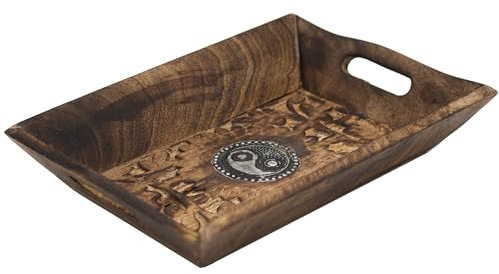 Diko.style® - Bandeja Vaciabolsillos Recibidor Madera Decorativa - Estilo Oriental con budas Decorativos, Elefante Suerte y más a Elegir Porta Chaves -24X15,5X4,6 cm (Yin YAN)