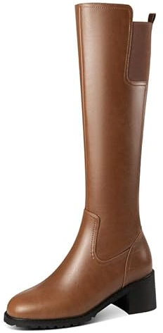 JIEEME Stivali alti al ginocchio in vera pelle, con fodera in velluto, con tacco medio, realizzati a mano, da donna, marrone, 41.5 EU