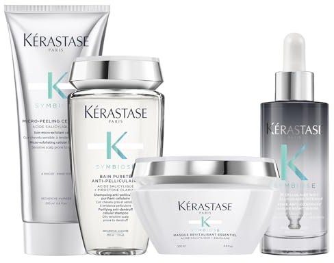Kérastase, Symbiose, Anti-Schuppen Pflegeroutine mit Peeling, Shampoo, Haarmaske und Haarserum, Für empfindliche, trockene und schuppige Kopfhaut