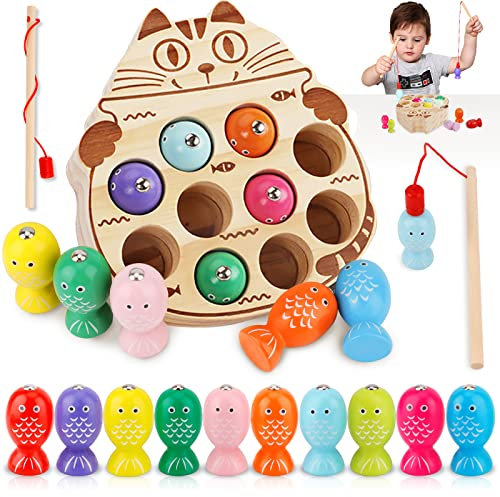 NCKIHRKK Angelspiel Holz ab 3 Jahre, Montessori Spielzeug 3 Jahre, Motorikspielzeug Holzspielzeug 3 Jahres, Fische Angeln Spiel 3 Jahre, Magnetspiel ab 3 Jahre Geschenk Mädchen Junge 3 4 5 Jahre