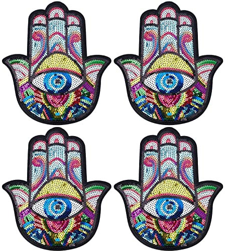 INFUNLY 4 Stück Hand Evil Eye Pailletten-Patches Zum Aufbügeln Für Kleidung, Bunt, Große Applikation, Stickerei-Patch Für DIY Nähen, Jeans, Handtaschen, Jacken, Rucksäcke, Hüte
