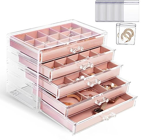 KAMIER Organizer per gioielli con 20 sacchetti portatili per gioielli, in acrilico trasparente, scatola organizer per gioielli da donna con 5 cassetti per orecchini, anelli, bracciali, collane