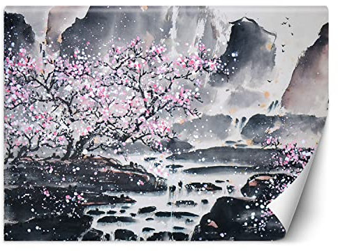 Feeby Papier peint de luxe Arbre Du Japon 300x210 cm XXL Moderne Décoration Murale Muraux Tapisserie Salon Chambre à coucher Bureau Couloir Hôtel Spa Design Aquarelle Montagnes Nature rose