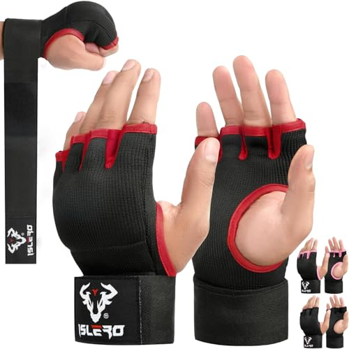 Islero Vendas de boxeo de 93 cm, correas de muñeca largas y rápidas, guantes interiores de gel, protección elástica para los puños, acolchados, Muay Thai, artes marciales, artes marciales, saco de