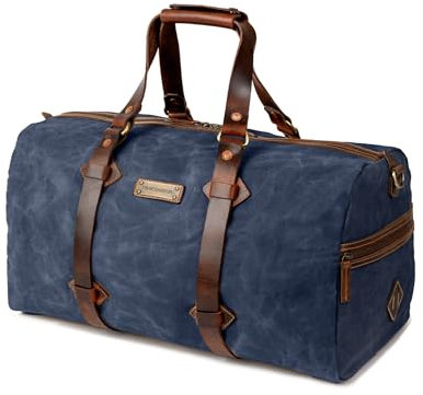 DRAKENSBERG Weekender 'Cody' - Wasserabweisende Reisetasche aus gewachstem Canvas und Leder, 50L - Ozean-Blau, DR00640