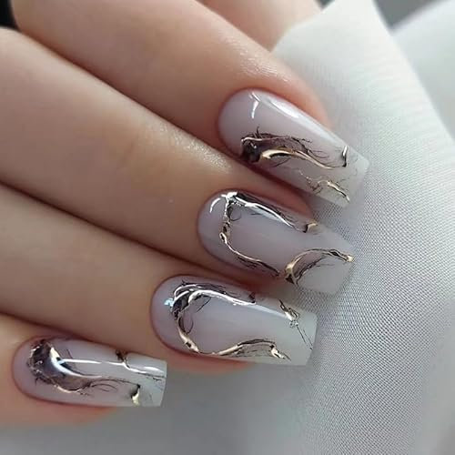 24pcs Medium Length Coffin False Nails Ink Painting Stick On Nails Black White Ombre Press on Nails Gold Swirl Removable Glue-on Nails Full Cover Ballerina Fake Nails Women Brides Nail Art Accessories
