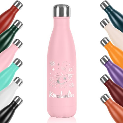 polar-effekt Edelstahl Kinder Trinkflasche 500 ml in rosa mit Gravur - BPA-freie Isolierflasche - auslaufsichere Wasserflasche - für Schule, Sport und Freizeit