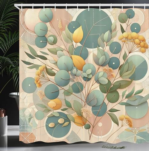 ABAKUHAUS Eukalyptusblätter Duschvorhang, Pastell Art Deco Stil von botanisch gestalteten Baumzweigen, Stoffliches Gewebe mit Haken, 175 x 200 cm, Pfirsich Grün Blasses Orange