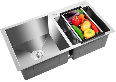 Fregadero de acero inoxidable para 2 cuencos, para cocina, empotrable, grande, con desagüe superior y desagüe (78 x 43 x 21 cm)