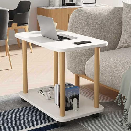 HshDUti Beistelltisch mit 2 Ebenen, kleiner Beistelltisch mit Rollen, kleiner Couchtisch, Nachttisch für Wohnzimmer, Schlafzimmer, Büro, 59,7 cm L x 29,3 cm B x 47 cm H, Weiß