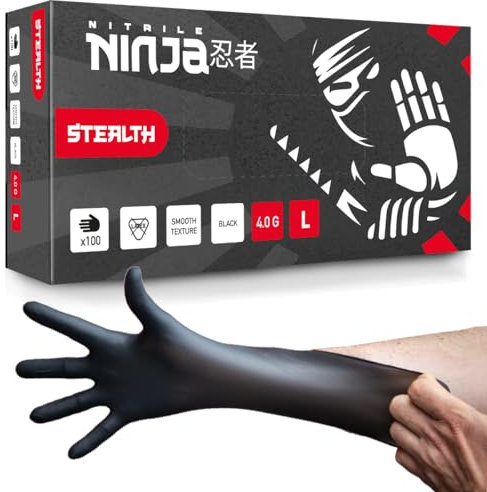 Nitrile Ninja 100 Stealth Pro Detailing Gloves | Protective gloves for car care | Latex Free, Powder Free, Disposable, Extra Strong, Comfort Fit.