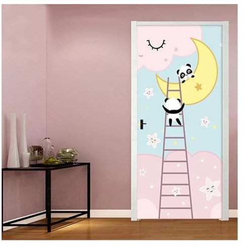 Türaufkleber Türtapete Türbilder Türposter PVC Wasserdicht Cartoon Kleiner Bär Klettern Treppen Tür Aufkleber Wohnzimmer Schlafzimmer Tür Dekor DIY Aufkleber(Größe:95x215cm)